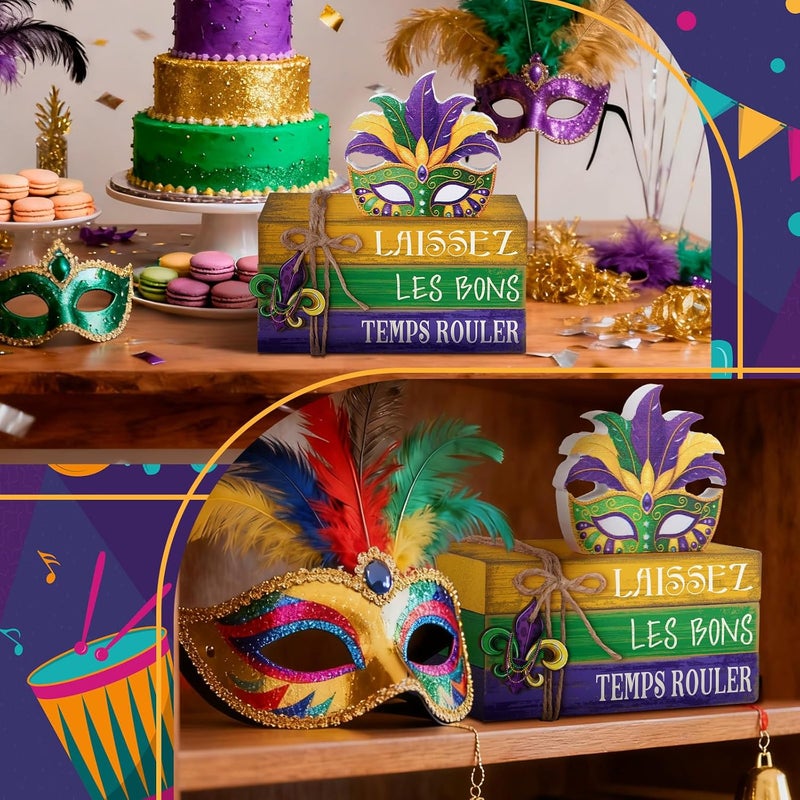 Anglechic 4 Pcs Mardi Gras Decorations for Home Mardi Gras Centerpieces Masquerade Masks Table Decorations Farmhouse Wooden Tabletop Blocks Sign for Rustic Tiered Tray Shelf Office Carnival - Image 5